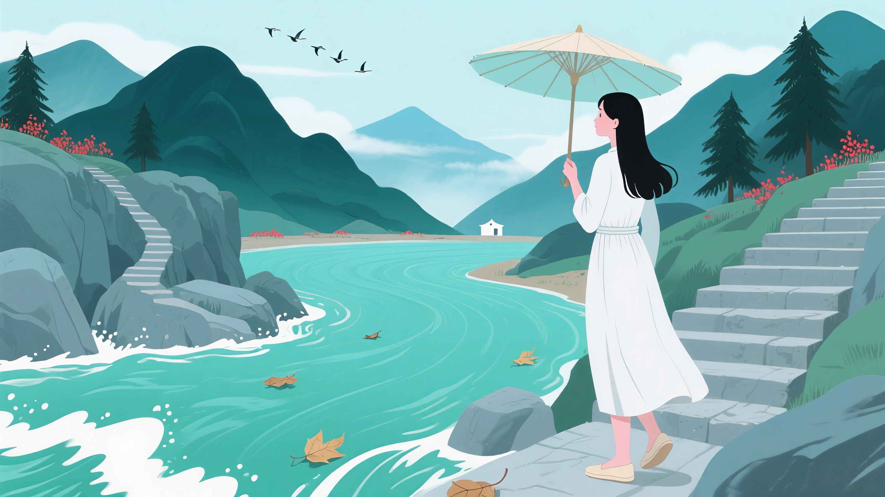 山水相逢,水又流去,远山如画,守望行旅